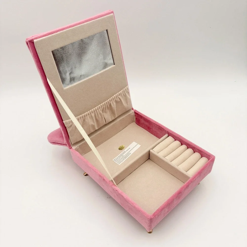 Pink Velvet Bed Jewelry Box Heart Headboard Mirror Ring Storage Gold Legs